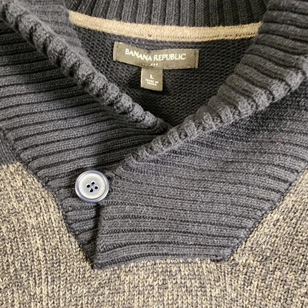 Banana Republic Shawl Collar Striped Knit Sweater Men's Size L Navy Grey‎
